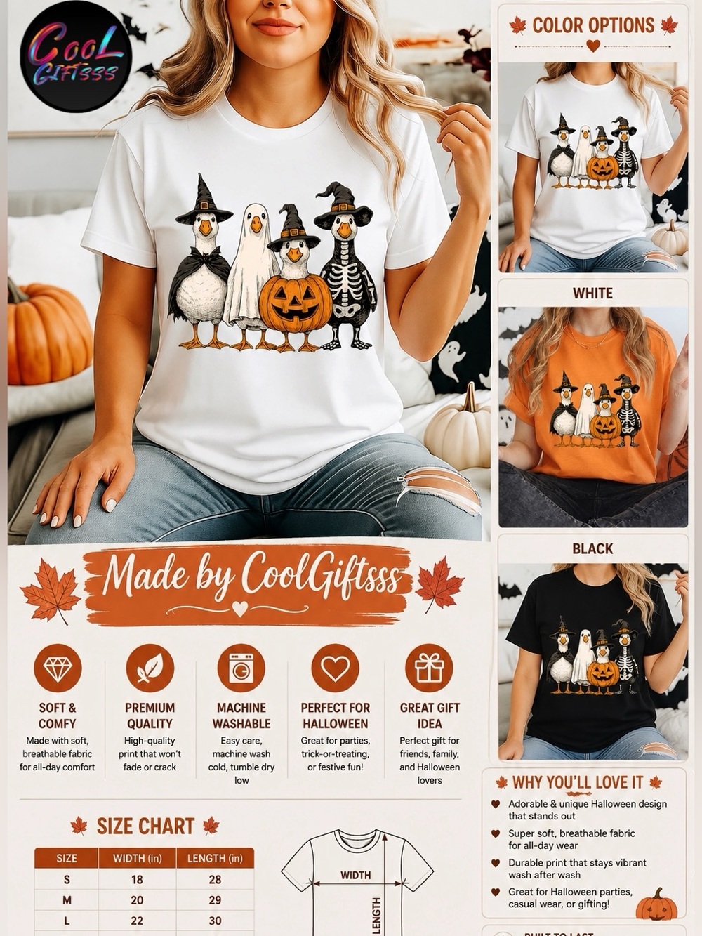 Halloween Duck Graphic t-shirt funny and cute ducks S M L XL Orange
